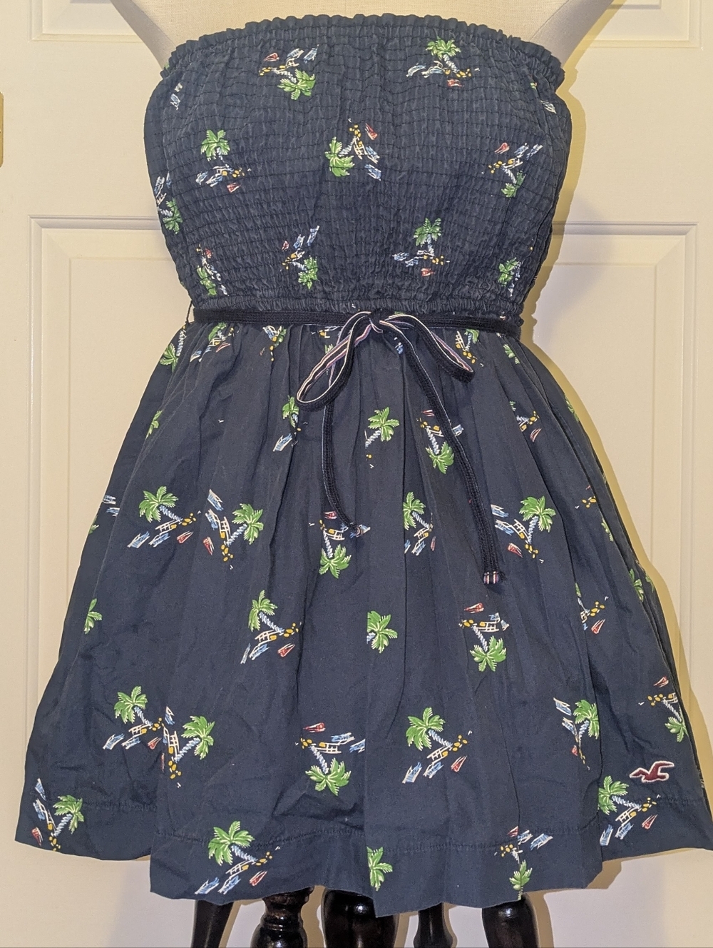 Hollister Sz Lg Strapless Cotton Printed Empire Waist Belted Mini Dress, Navy